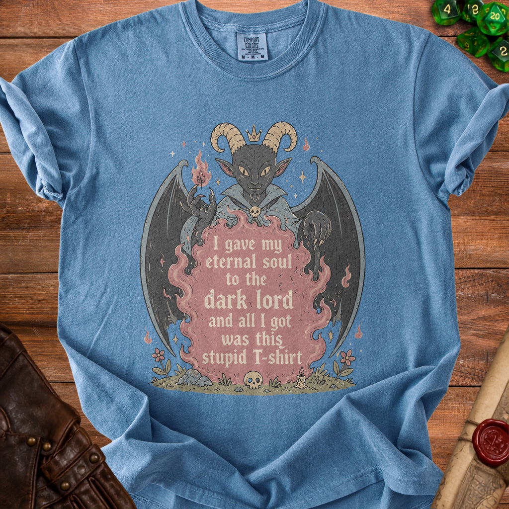 Blue t-shirt with a gothic illustration and text about the dark lord.