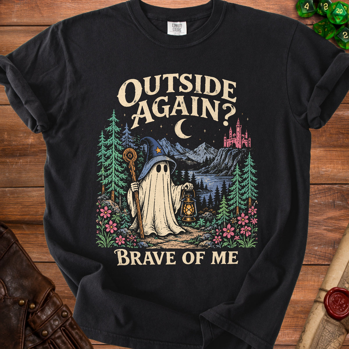 Ghost wizard with lantern and staff in forest scene, text "Outside Again? Brave of Me".
