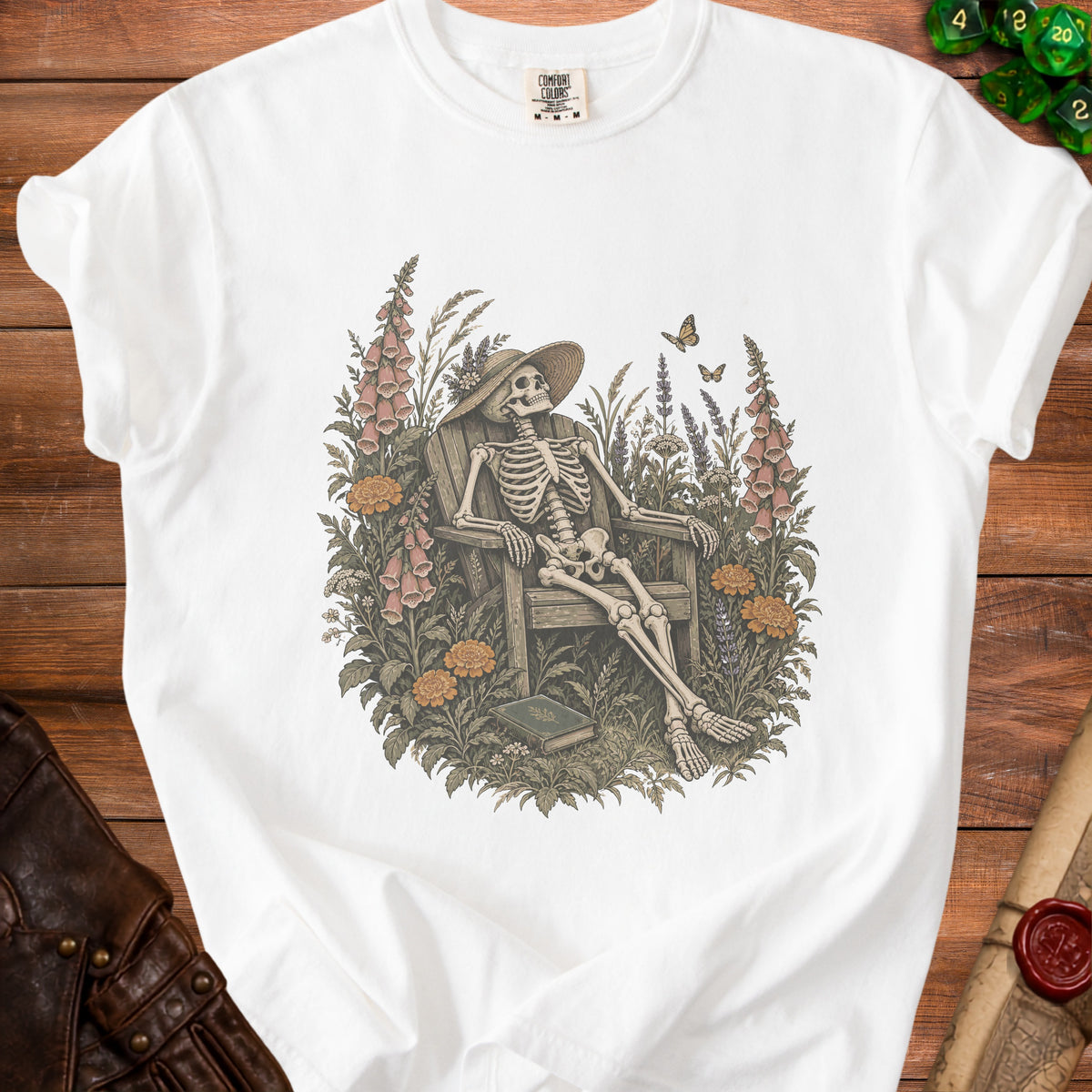 Skeleton sitting in a chair in a garden with flowers and butterflies.