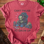 T-shirt with grim reaper gamer graphic and text "Can't Pause To Grow Up".