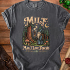 Dark grey t-shirt featuring a wizard in a forest with the text "MILF Man I Love Forests".