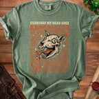 Green t-shirt with skull graphic and text "EVERYDAY MY HEAD GOES AAAAA".