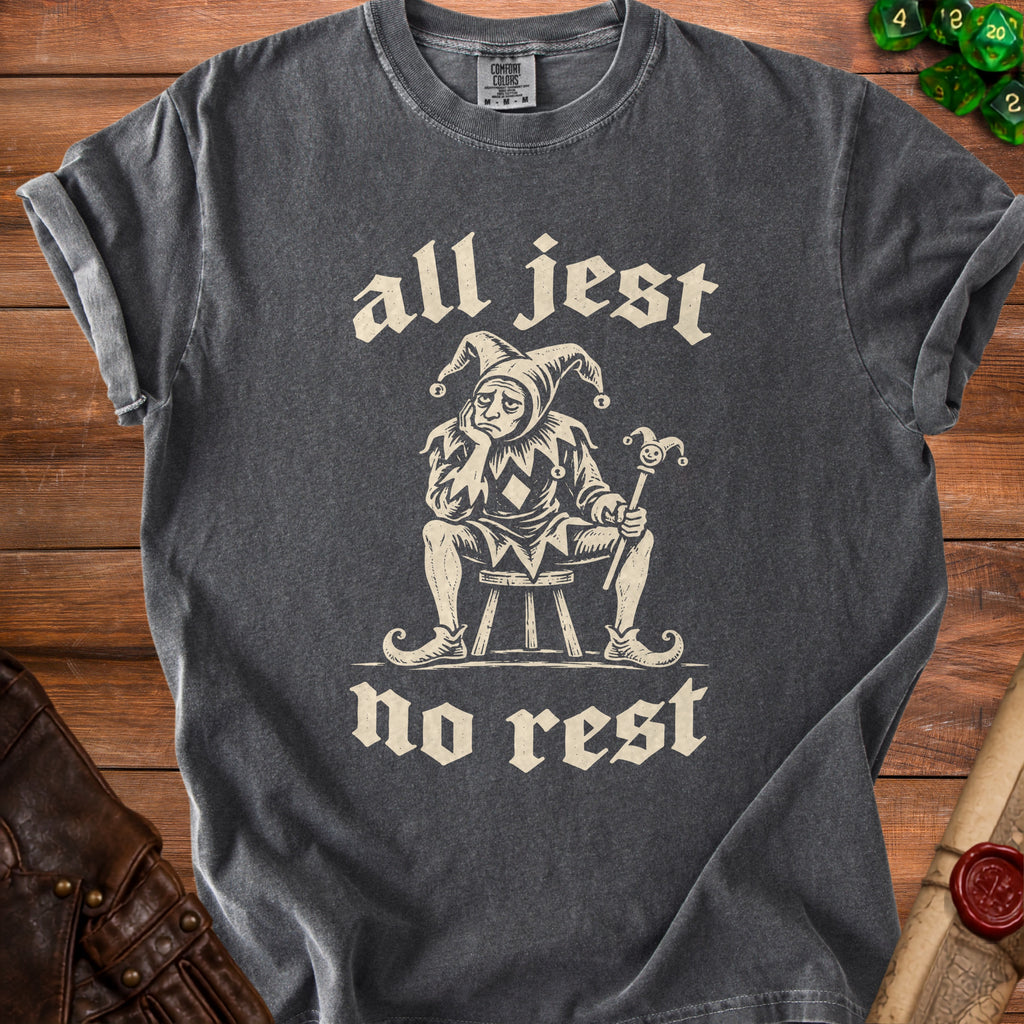 T-shirt with sad jester graphic and text "all jest no rest".