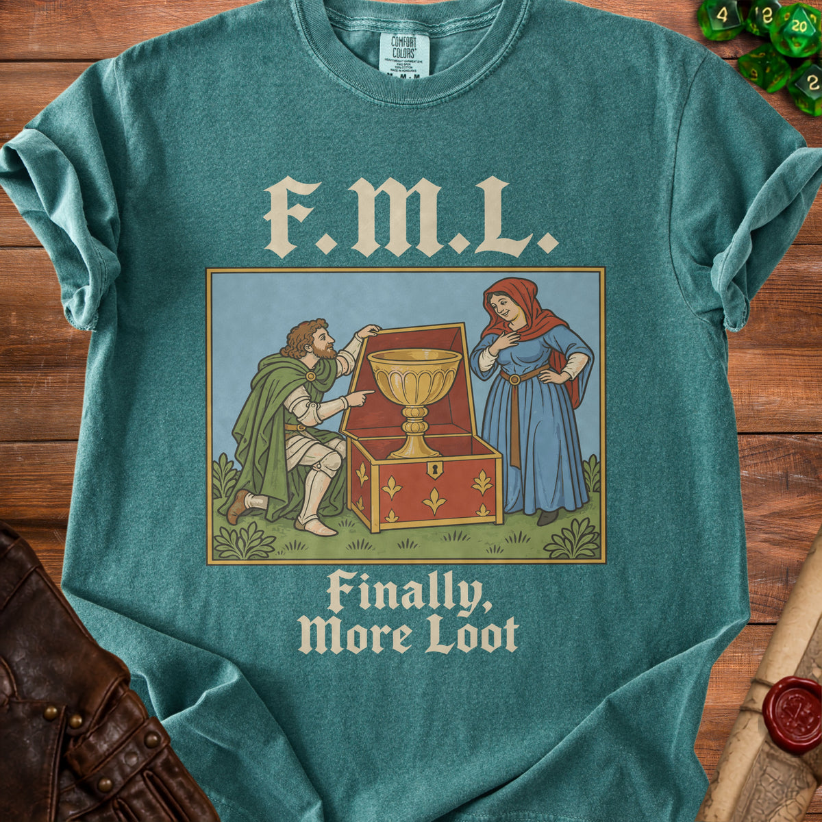 F.M.L. and "Finally, More Loot" text with medieval illustration of treasure.