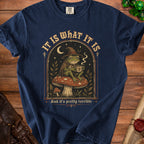 Navy t-shirt with wizard frog holding coffee mug, text "It is what it is And it's pretty terrible".