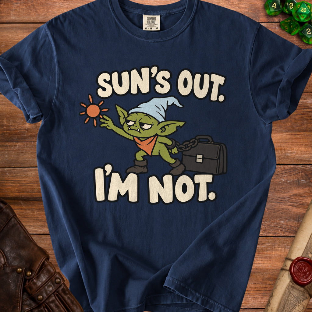 Navy t-shirt with graphic text "Sun's Out. I'm Not." and a goblin.