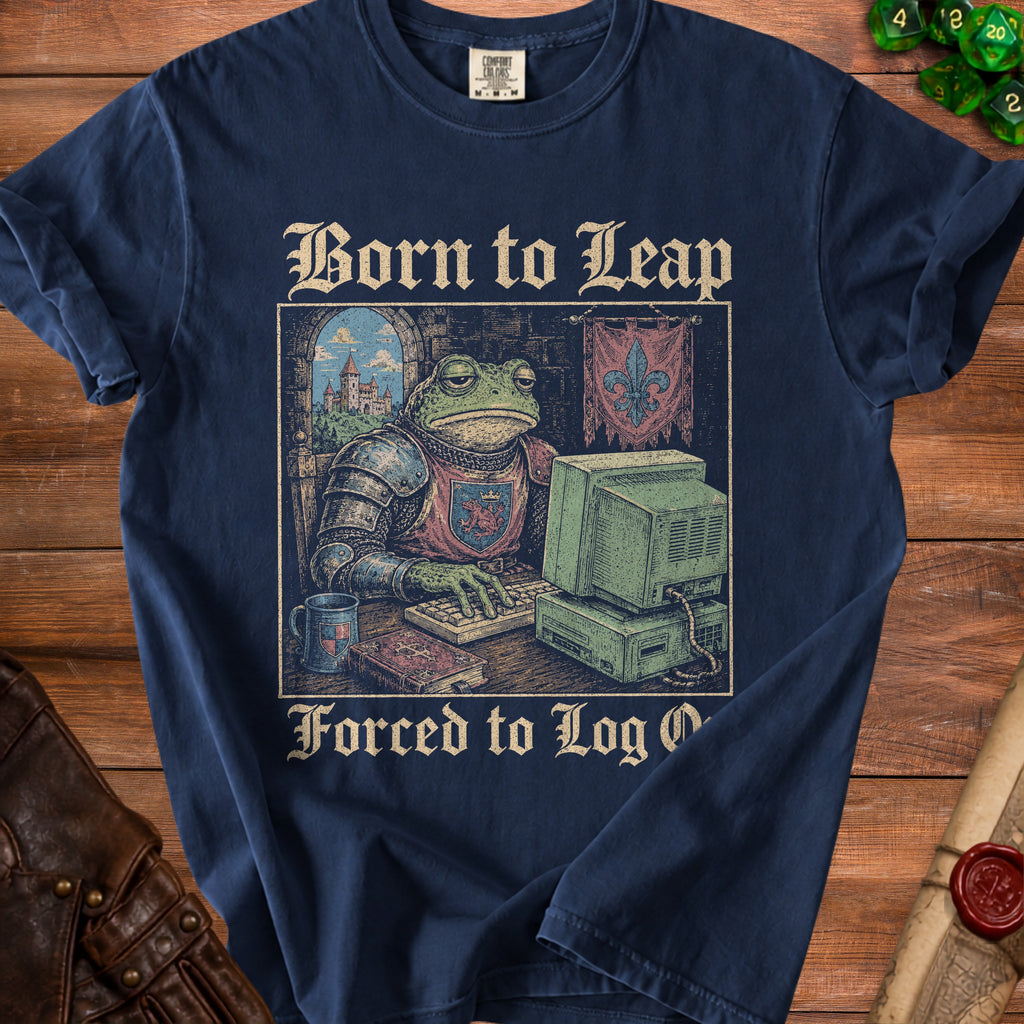 Frog knight at computer with text "Born to Leap, Forced to Log Off".