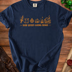 Navy t-shirt with "SIDE QUEST: GOING HOME" and adventure icons in orange.