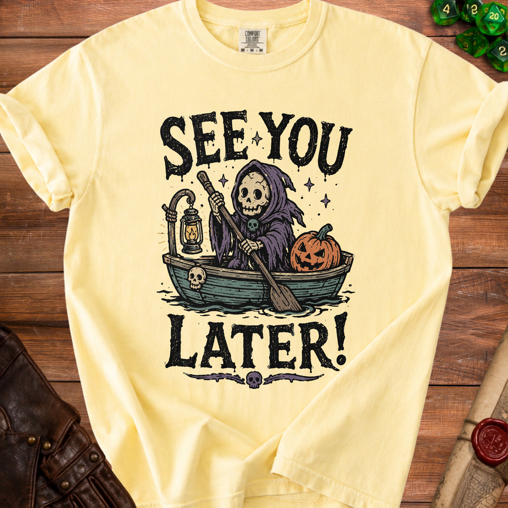 Grim Reaper in boat with pumpkin, text "SEE YOU LATER!"