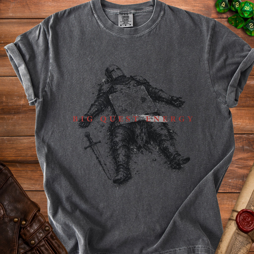 Dark grey t-shirt with knight graphic and text "BIG QUEST ENERGY".