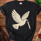 Black t-shirt with a distressed cream-colored dove holding a sword graphic.