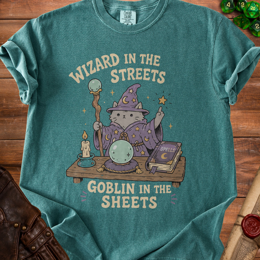 T-shirt graphic: cat wizard with staff and crystal ball, text "Wizard in the Streets Goblin in the Sheets".