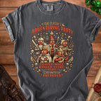 Dark gray t-shirt with fantasy characters, text reads "The Classic Adventuring Party Fighter, Mage, Ranger, Cleric, Bard. Definitely Prepared."
