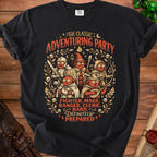 Black t-shirt featuring "The Classic Adventuring Party" with dice-rolling goblins and text.