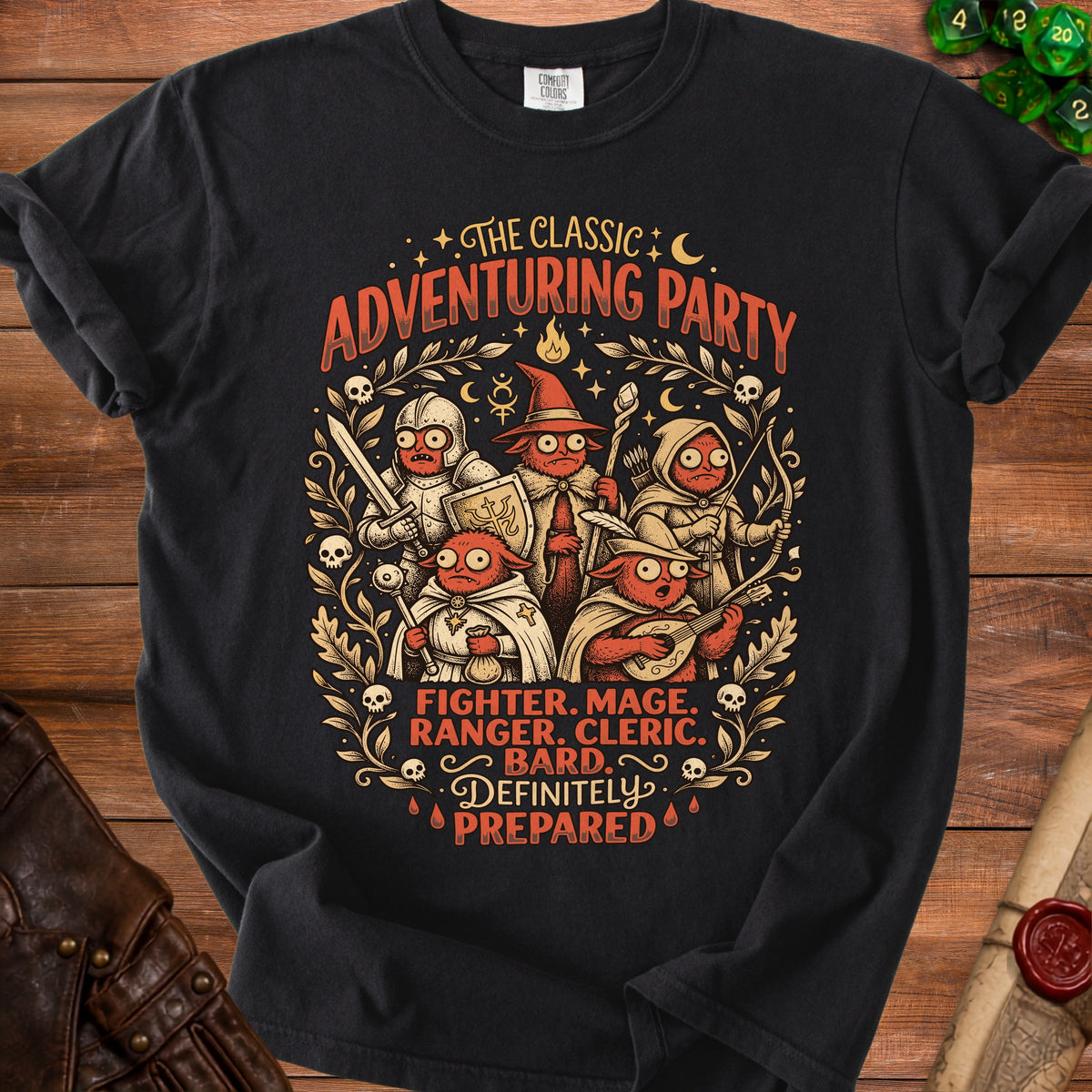 Black t-shirt featuring "The Classic Adventuring Party" with dice-rolling goblins and text.