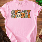 Pink t-shirt with "Spooky" graphic featuring ghost, pumpkin, bats, and flowers.