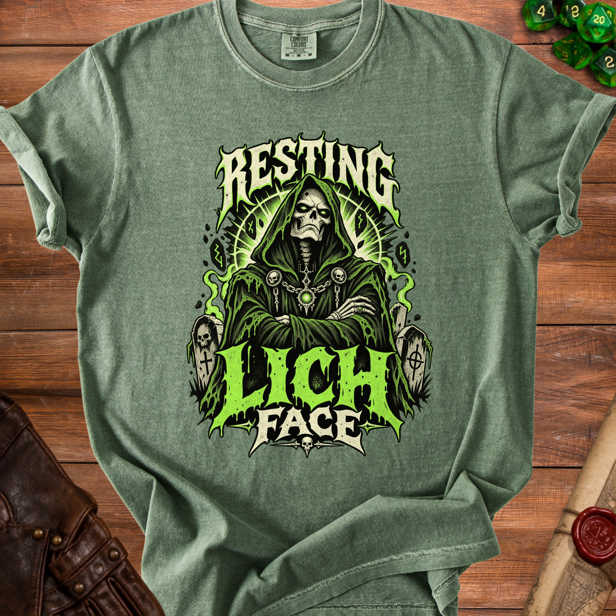 Green t-shirt with Grim Reaper graphic and text "RESTING LICH FACE".