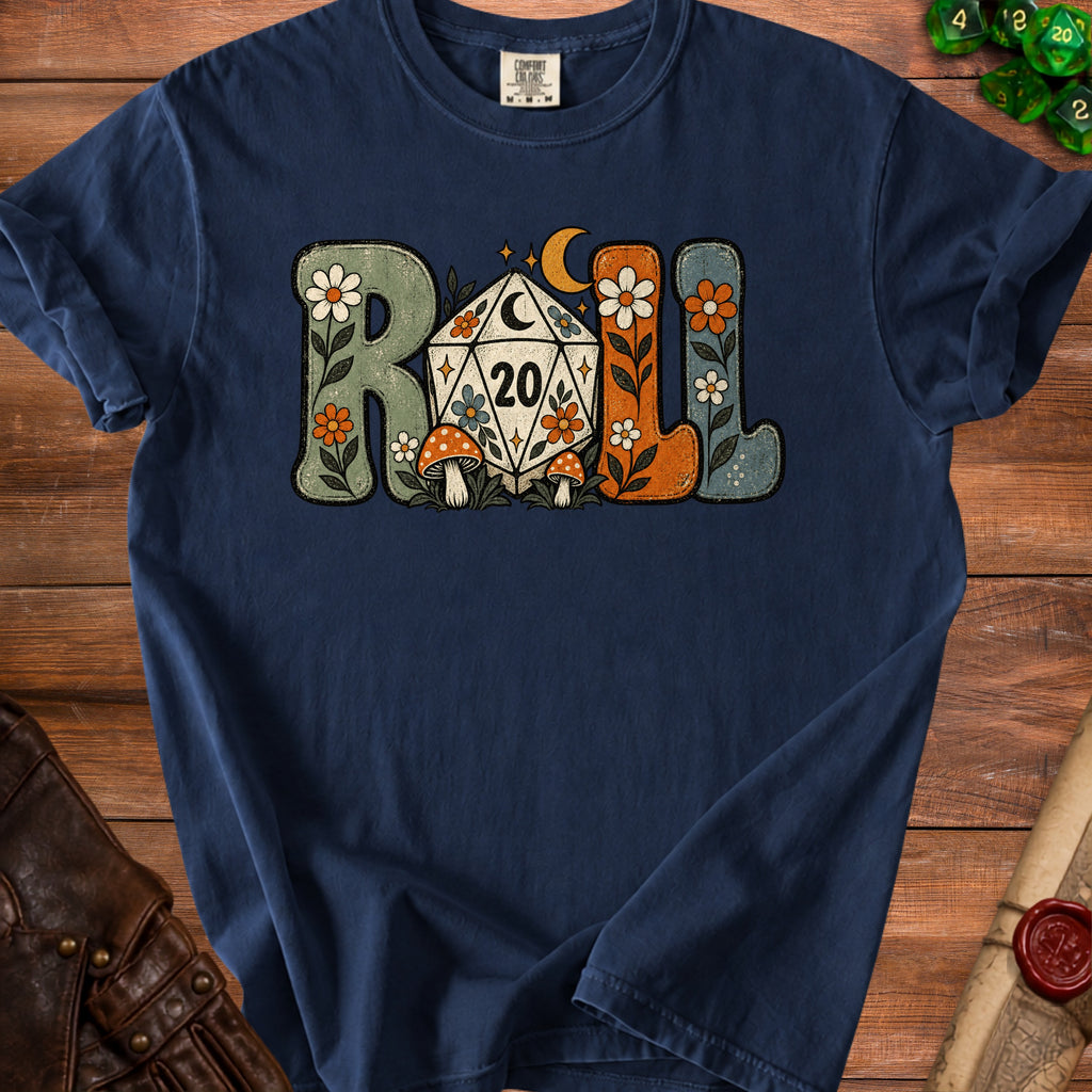 Navy t-shirt with "ROLL" in retro floral letters and a d20 die.