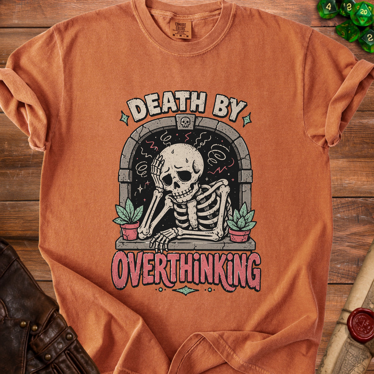 T-shirt with distressed skeleton graphic saying "Death by Overthinking"