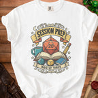White t-shirt with "Session Prep Mostly Vibes" text and gaming dice illustration.