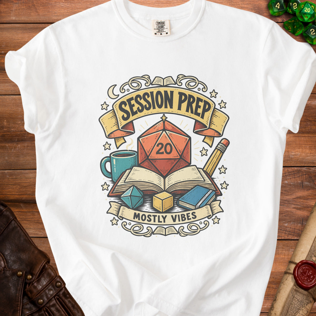 White t-shirt with "Session Prep Mostly Vibes" text and gaming dice illustration.