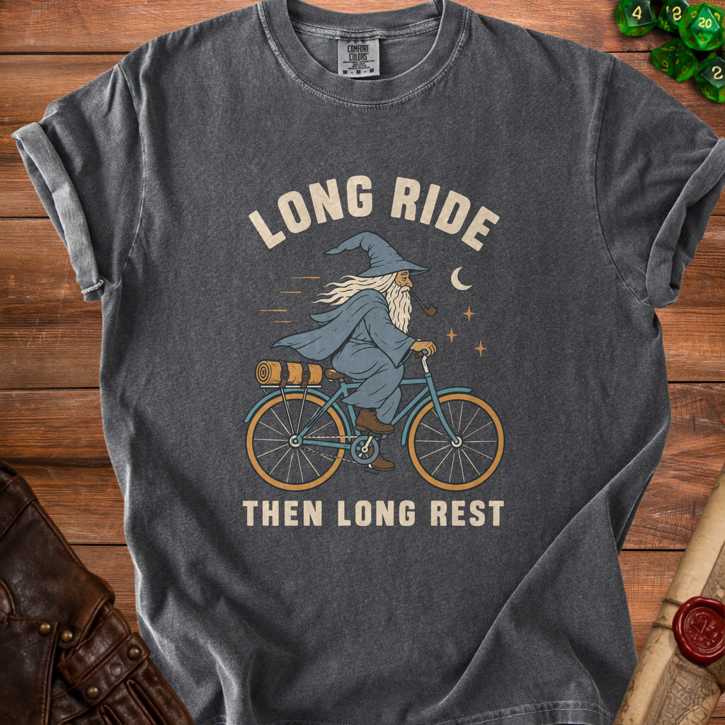 Dark grey t-shirt with wizard riding bicycle graphic and text "LONG RIDE THEN LONG REST".
