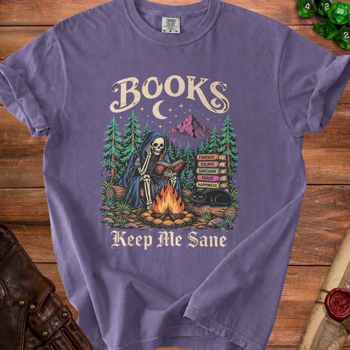 Skeleton reading by campfire with books labeled Fantasy, Escape, Sarcasm, Peace, Happiness.