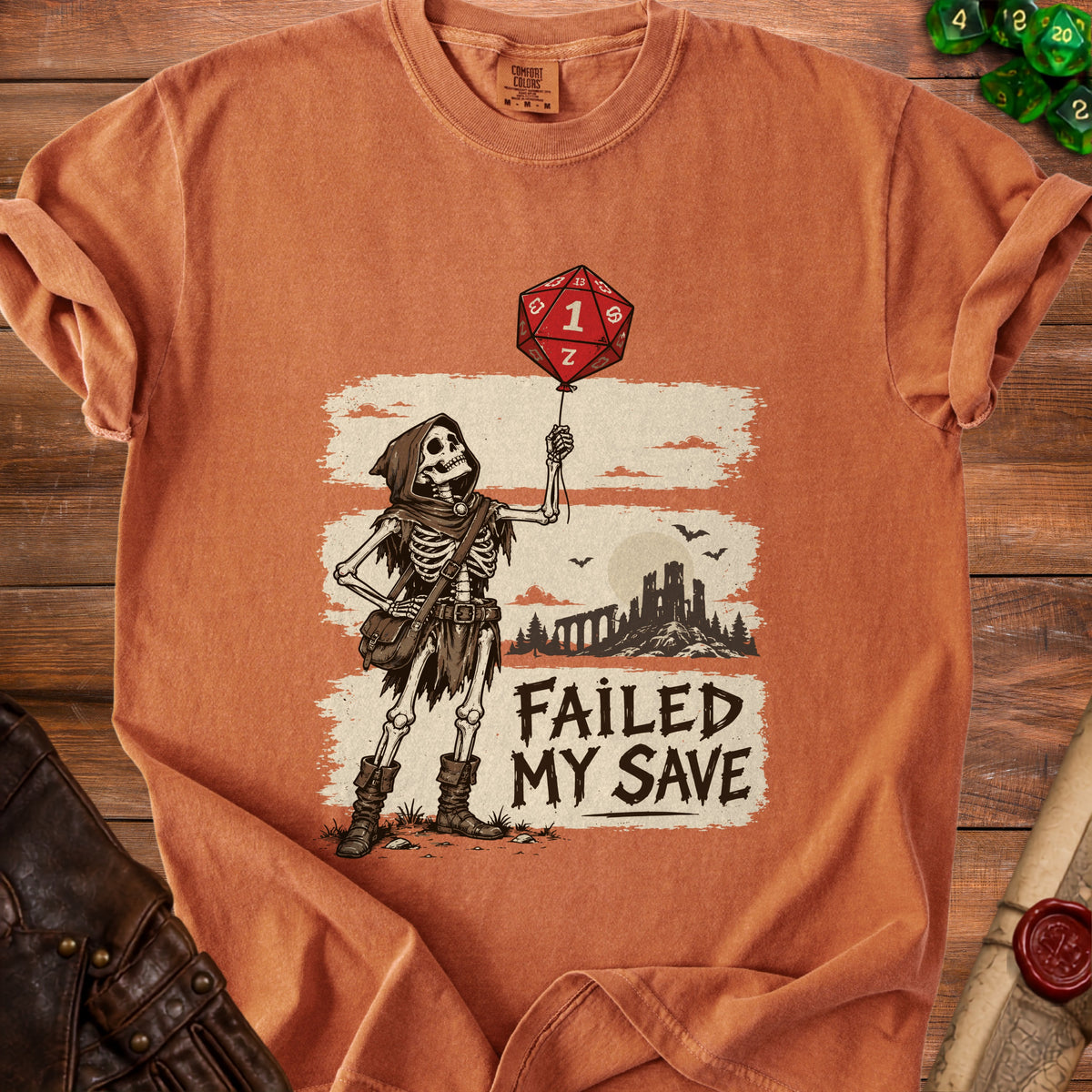 Skeleton character holding a red d20 balloon with "1" on it, text "FAILED MY SAVE".