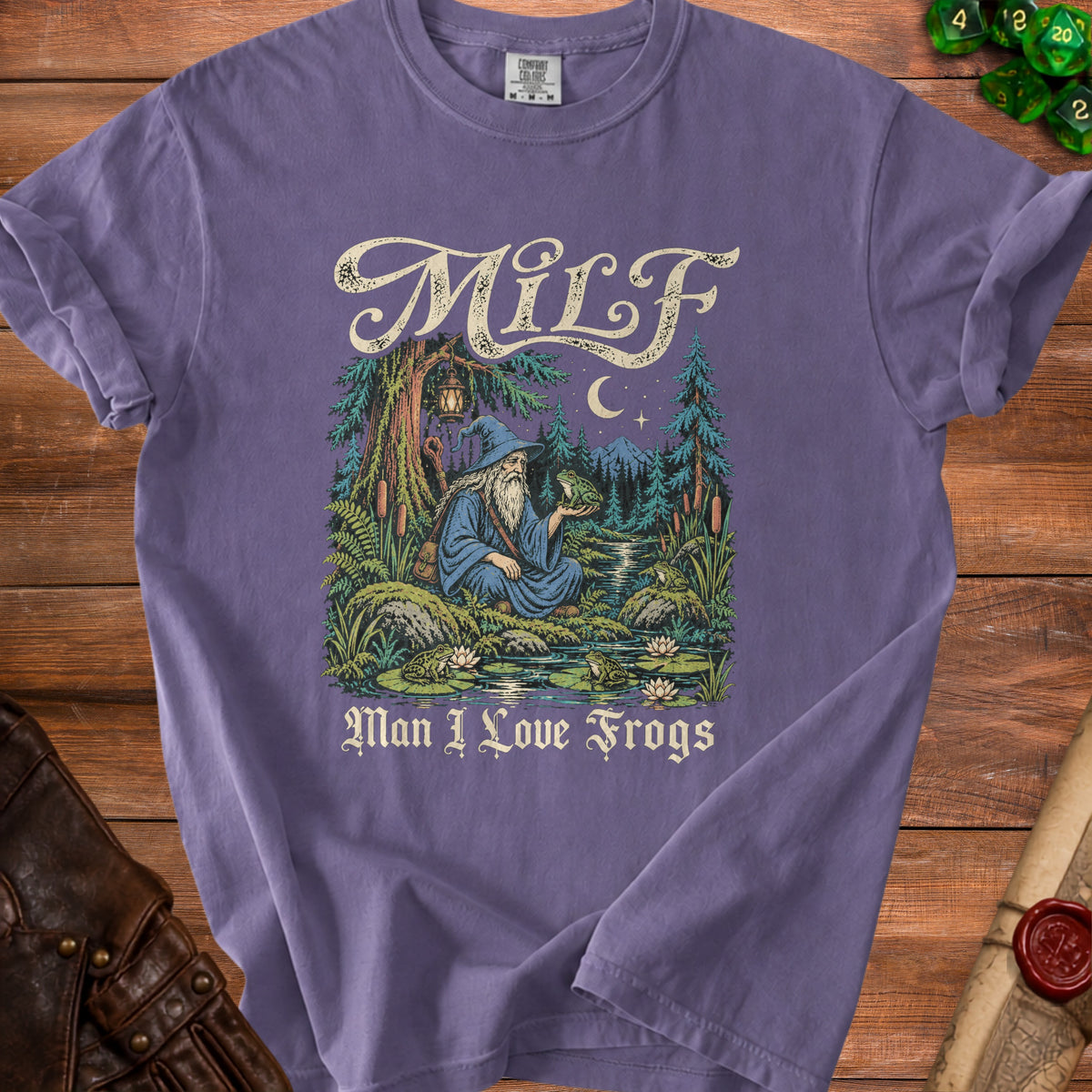 Purple t-shirt with wizard holding frog and "Man I Love Frogs" text.