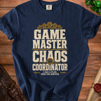Navy t-shirt with "GAME MASTER CHAOS COORDINATOR" text and dice graphics.