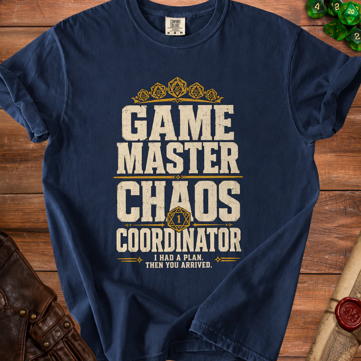 Navy t-shirt with "GAME MASTER CHAOS COORDINATOR" text and dice graphics.