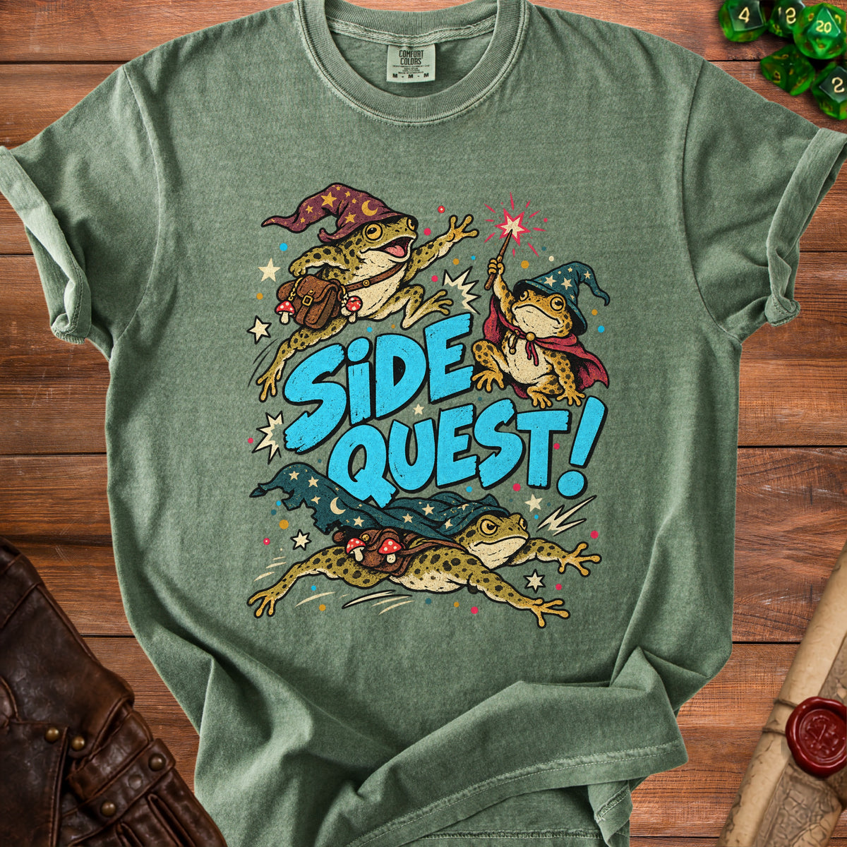 Three frogs in wizard hats with capes and bags, text "SIDE QUEST!".