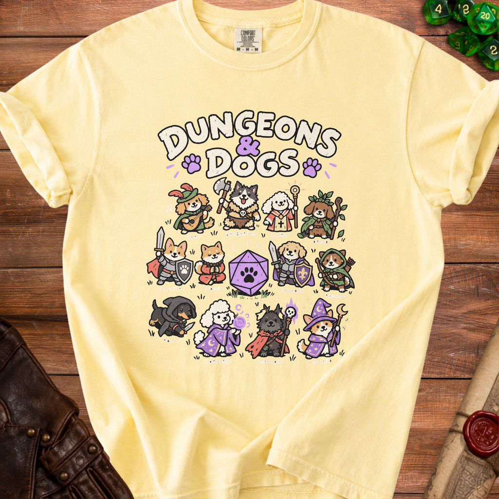 A yellow t-shirt features a Dungeons and Dogs graphic with various cartoon dogs as roleplaying classes surrounding a d20 die.