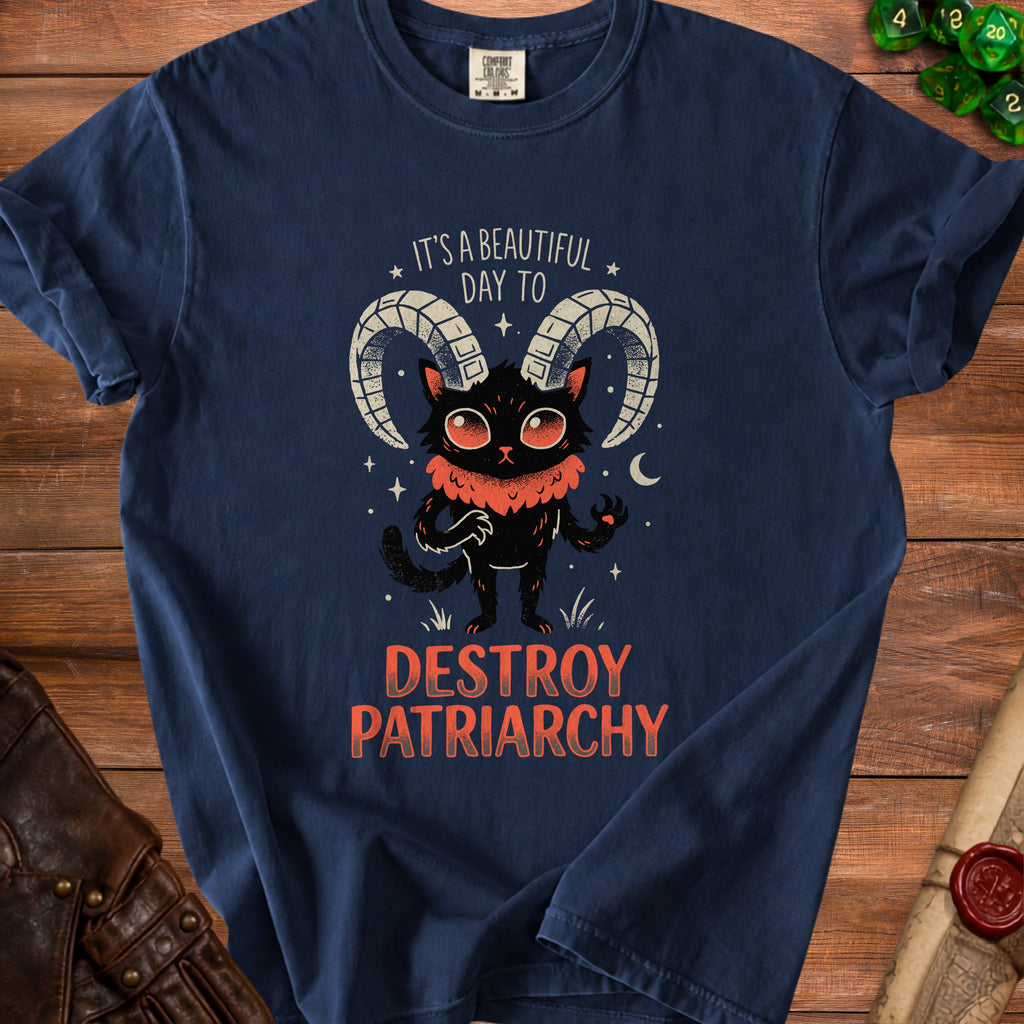 Dark blue t-shirt with black cat wearing ram horns and text "It's a beautiful day to destroy patriarchy".