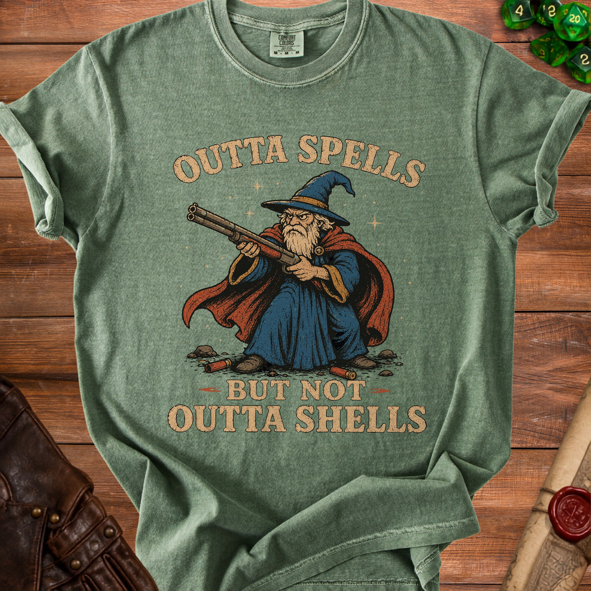 Wizard with shotgun graphic and text "Outta Spells But Not Outta Shells".