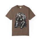 Brown t-shirt with a knight in armor sitting against a brick wall, text reads "I'M BURNT OUT".