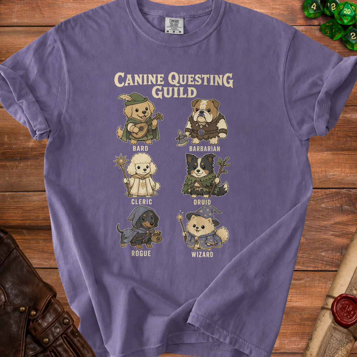 T-shirt with six dogs depicted as fantasy characters: Bard, Barbarian, Cleric, Druid, Rogue, Wizard.