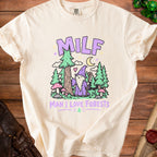 Cream t-shirt with cartoon wizard, trees, mushrooms, and "MILF MAN I LOVE FORESTS" text.