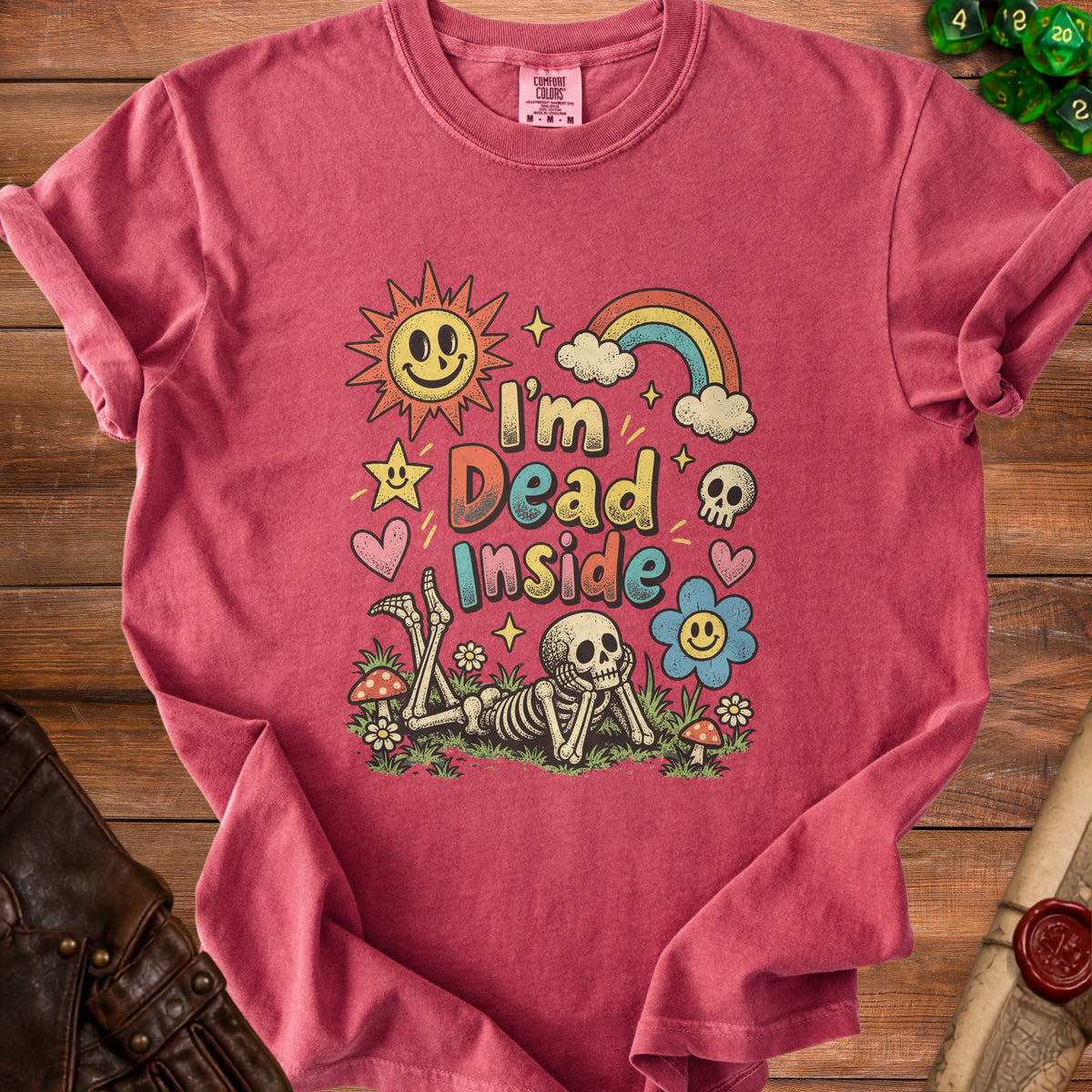 T-shirt with "I'm Dead Inside" text and skeleton graphic.