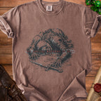 Brown t-shirt with skeleton, sword, and text "MY SOCIAL BATTERY IS DEAD".