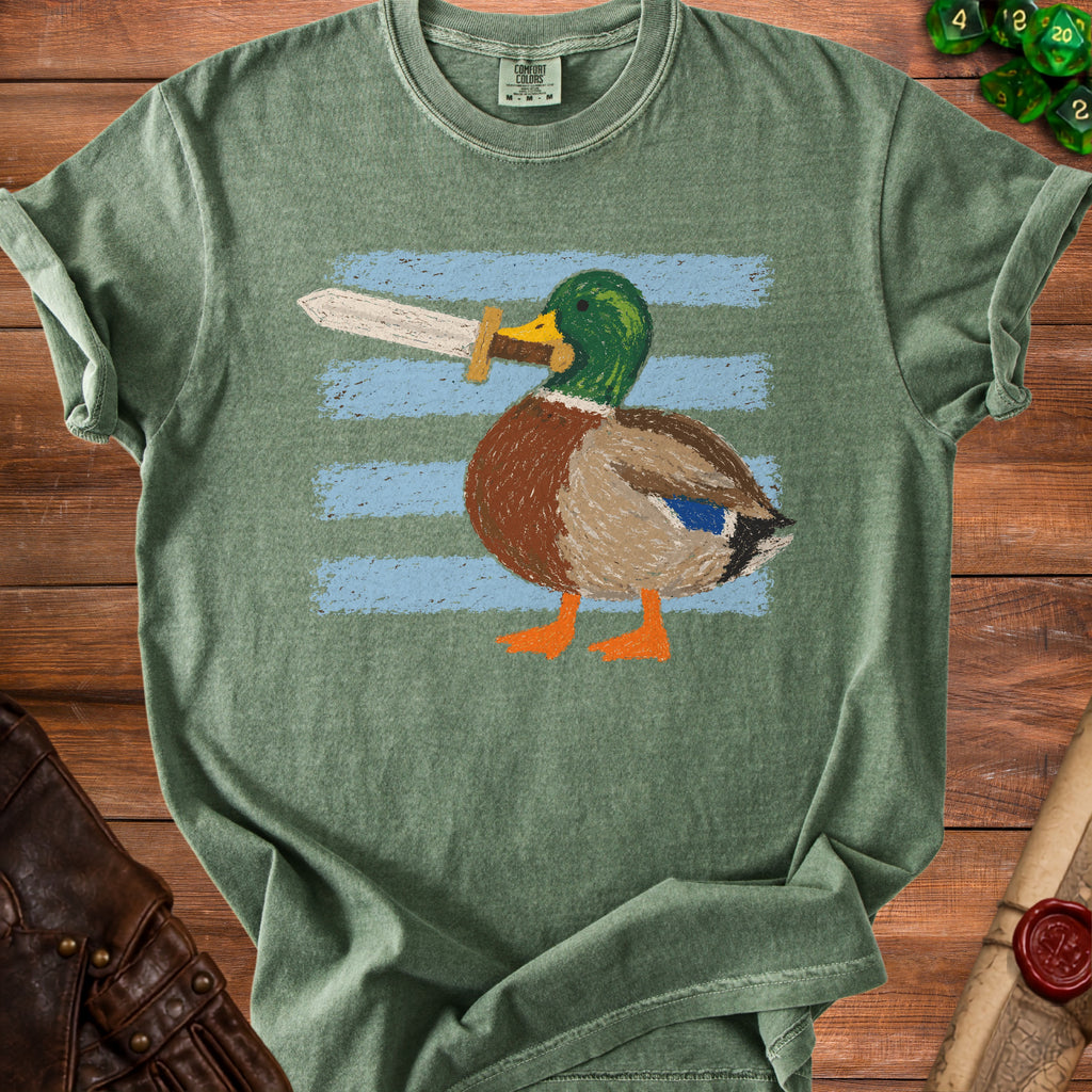 Green t-shirt with a drawing of a mallard duck holding a sword.