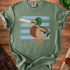 Green t-shirt with a drawing of a mallard duck holding a sword.