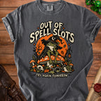 Dark gray t-shirt graphic: frog in witch hat says "Out of Spell Slots Try Again Tomorrow".