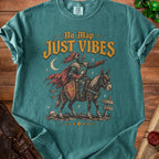 Knight on a donkey with "No Map Just Vibes" text and fantasy elements.