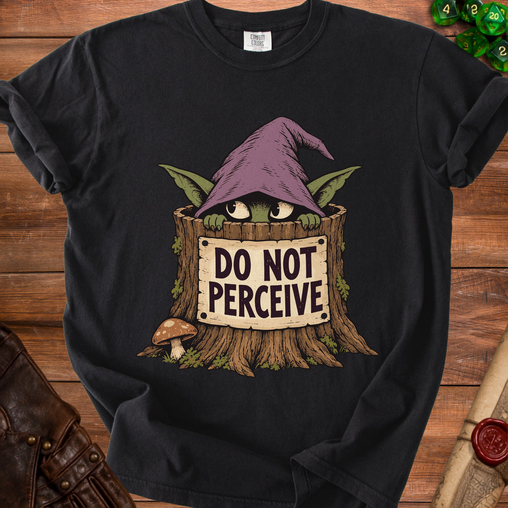 A black t-shirt features a graphic of a creature in a tree stump wearing a witch hat and holding a sign that says DO NOT PERCEIVE.