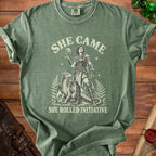 Green t-shirt with "She Came She Rolled Initiative" graphic featuring a warrior woman and dragon.