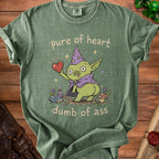 Green t-shirt with wizard goblin holding heart and text "pure of heart dumb of ass".