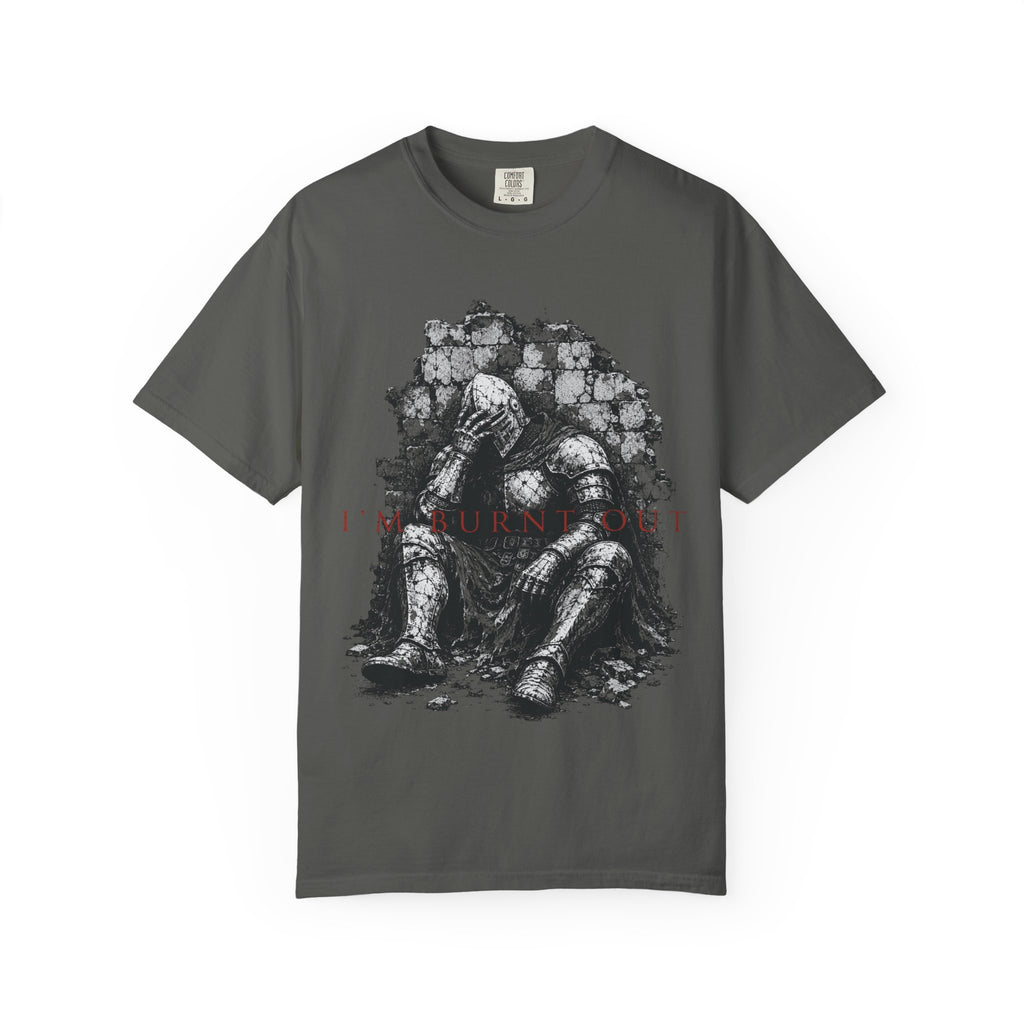 Dark grey t-shirt with knight sitting against brick wall and "I'm burnt out" text.
