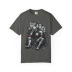 Dark grey t-shirt with knight sitting against brick wall and "I'm burnt out" text.