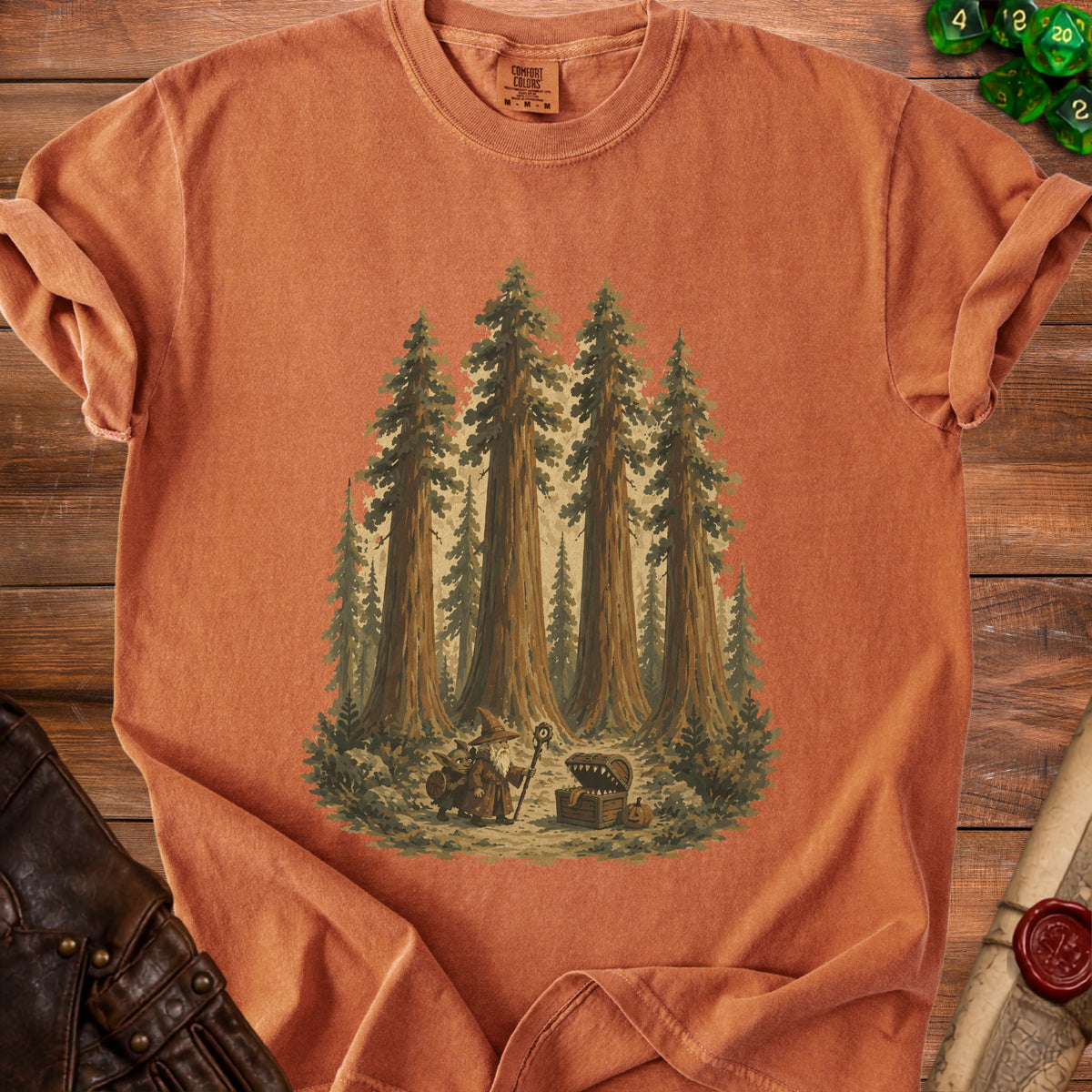 Wizard and goblin find treasure chest in redwood forest print on orange t-shirt.